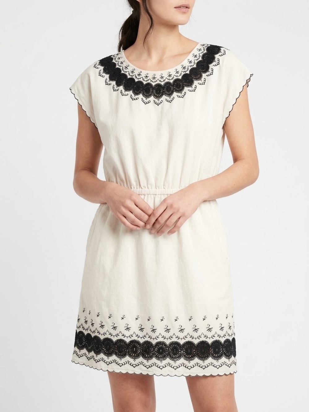 J.Crew Embroidered Scallop Linen Cotton Dress Ivory Navy 12